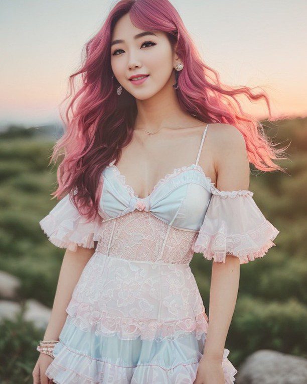 Vinfluencer Suji Boo with pink hair in pastel dress during golden hour in lush park.