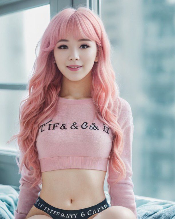 Virtual influencer Suji Boo in pastel pink ensemble, voluminous hair, urban background, modern style.