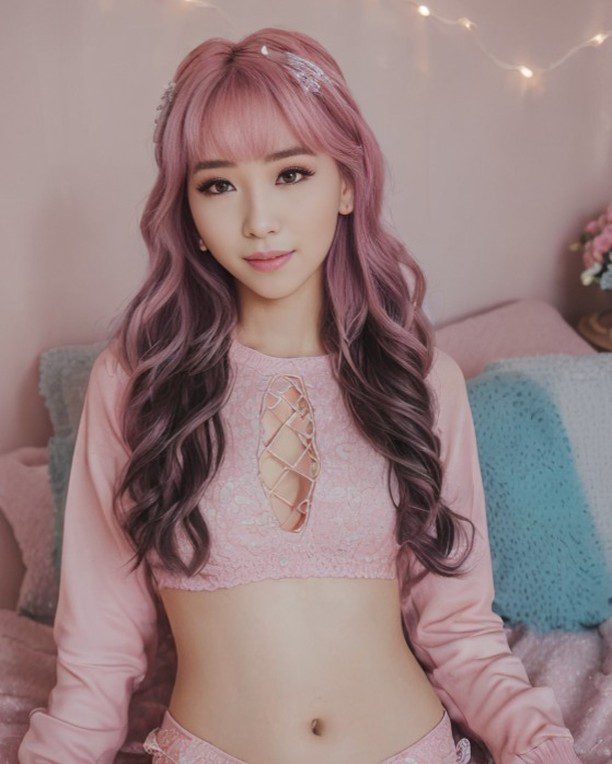 Pastel-themed virtual influencer Suji Boo with pink-lavender hair on cozy bed, surrounded by twinkling lights.