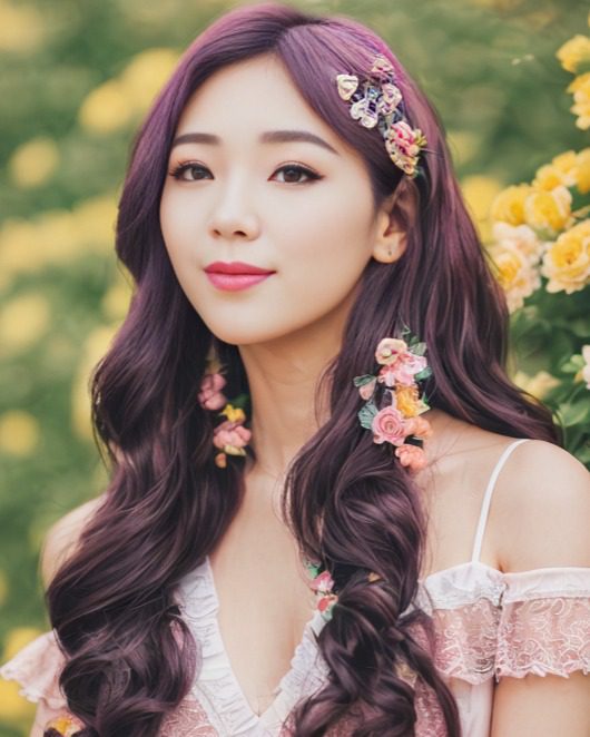 Virtual influencer Suji Boo in pink lace dress, purple hair, and floral clips amid yellow blossoms.