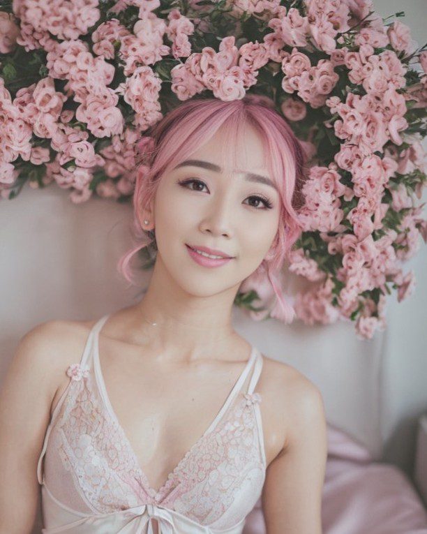 Pink-haired virtual influencer Suji Boo in floral setting, exuding ethereal beauty and charm.