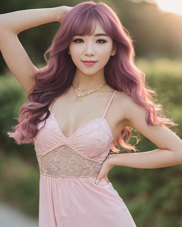 Vinfluencer Suji Boo with pastel pink hair in a pink lace dress, posing gracefully in a garden.