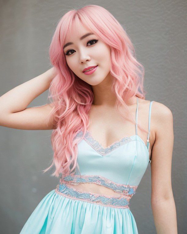 Vinfluencer Suji Boo poses with pastel pink hair and turquoise dress on a neutral background.