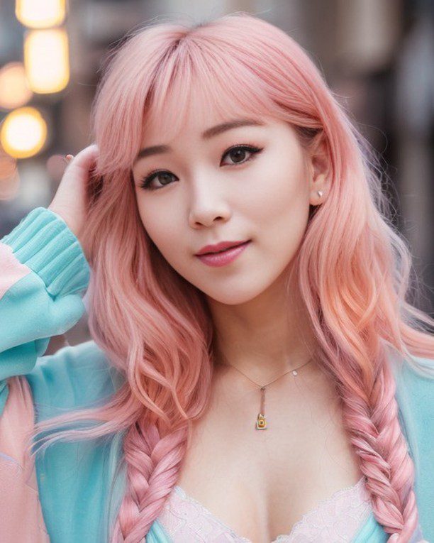 Pink-haired virtual influencer Suji Boo in stylish pastel outfit, city backdrop, showcasing individuality and modern flair.