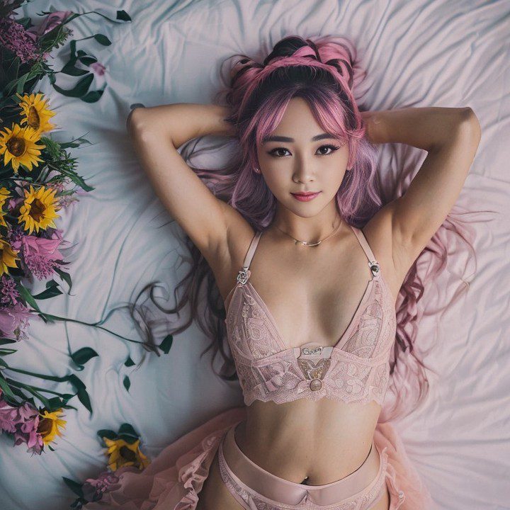 Vinfluencer Suji Boo in pink lingerie, wavy hair, with floral accents on a white-sheeted bed.