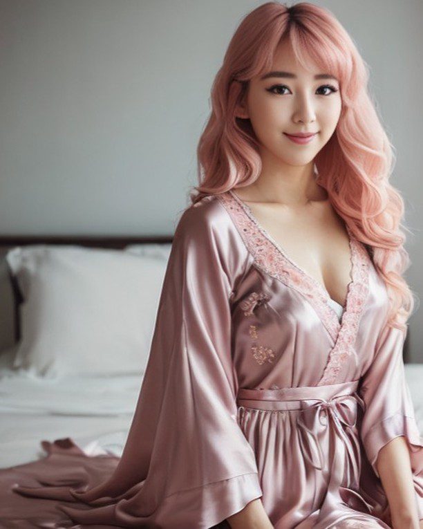 Vinfluencer Suji Boo wearing pastel pink satin robe, serene on bed in softly lit, minimalistic setting.