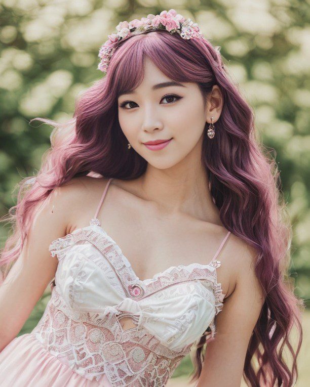 Vinfluencer Suji Boo in lavender hair and pink lace dress with floral headband outdoors.