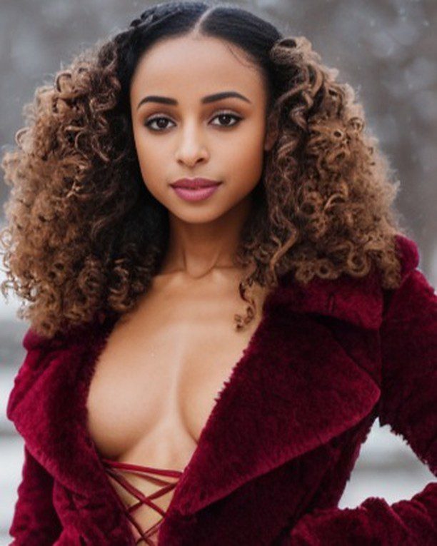Virtual influencer Zuri Ames in a burgundy coat and curls, exuding elegance and confidence outdoors.