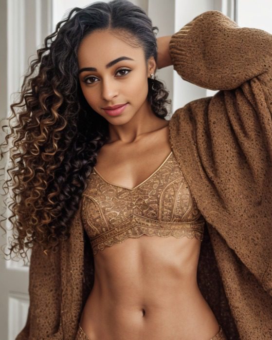 Vinfluencer Zuri Ames in cozy cardigan and lace bralette, radiating confidence indoors with voluminous curls.