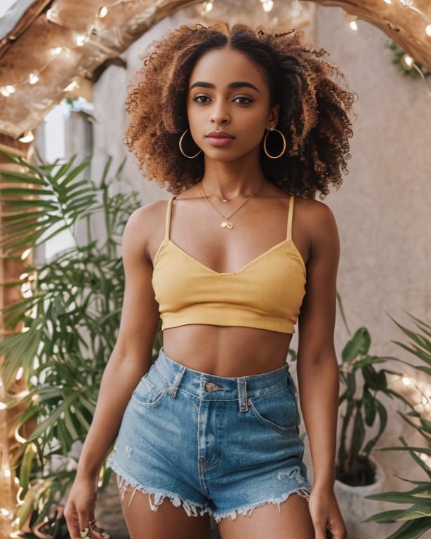 Virtual Influencer Zuri Ames poses stylishly in a vibrant outfit amidst lush greenery and soft lighting.