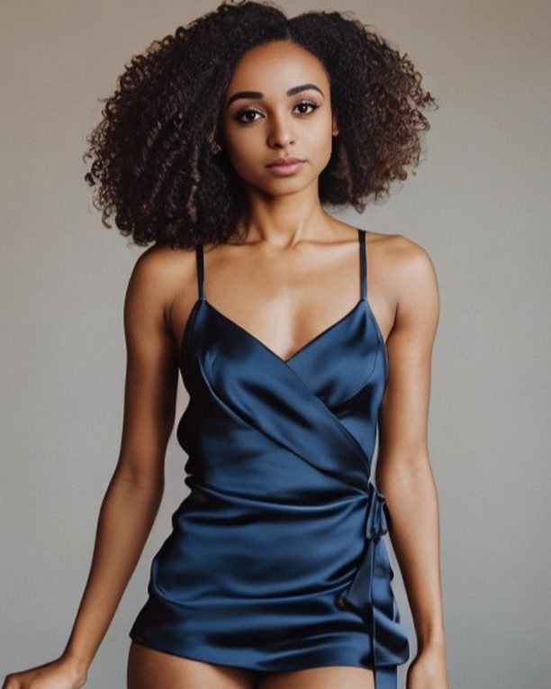 Virtual influencer Zuri Ames in a blue silk dress, showcasing confidence and elegance with curly hair.