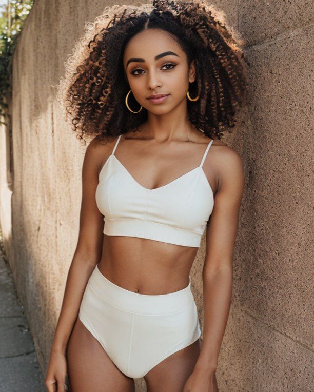 Vinfluencer Zuri Ames in minimalist fashion, urban backdrop, with natural curls and hoop earrings.