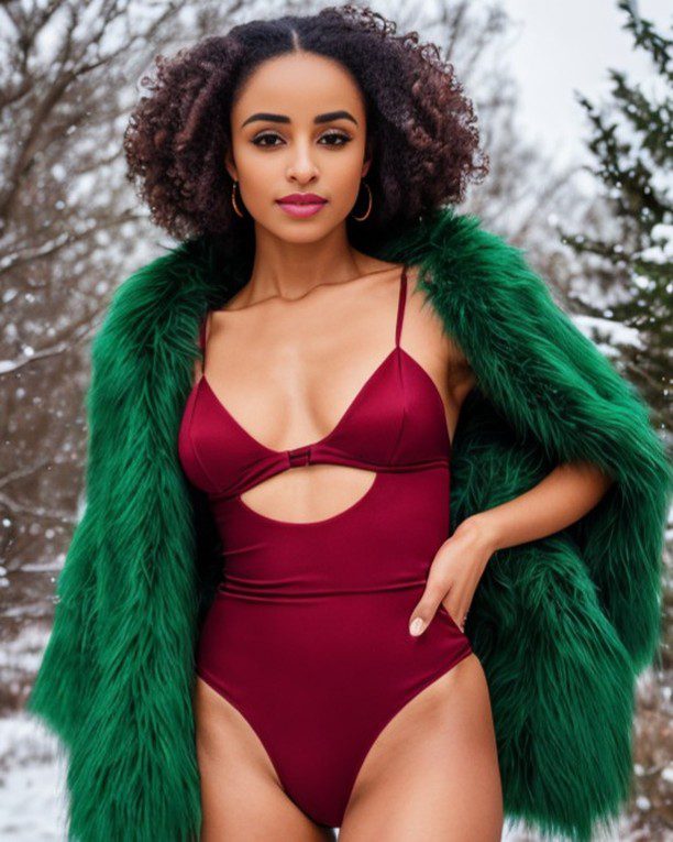 Virtual influencer Zuri Ames styled in red swimsuit and green fur coat, striking a pose in snowy landscape.