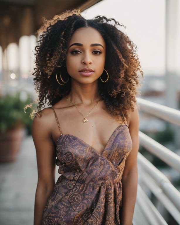 Vinfluencer Zuri Ames in elegant V-neck dress on urban balcony, showcasing natural curls and confidence.