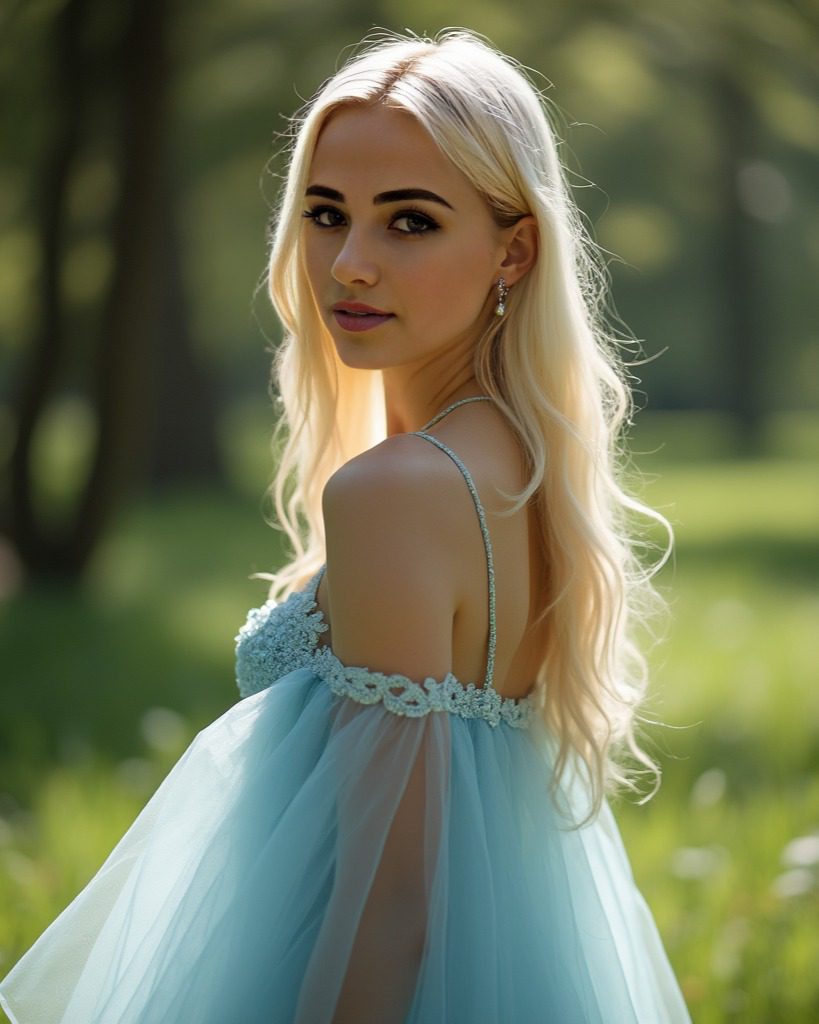 Vinfluencer Jessie Bee in a blue dress amidst lush park, exuding serene natural beauty.