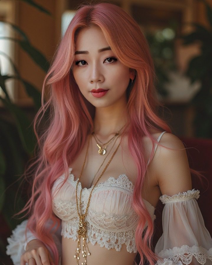 Pink-haired virtual influencer Suji Boo in a lacy white top in a serene, plant-filled setting.