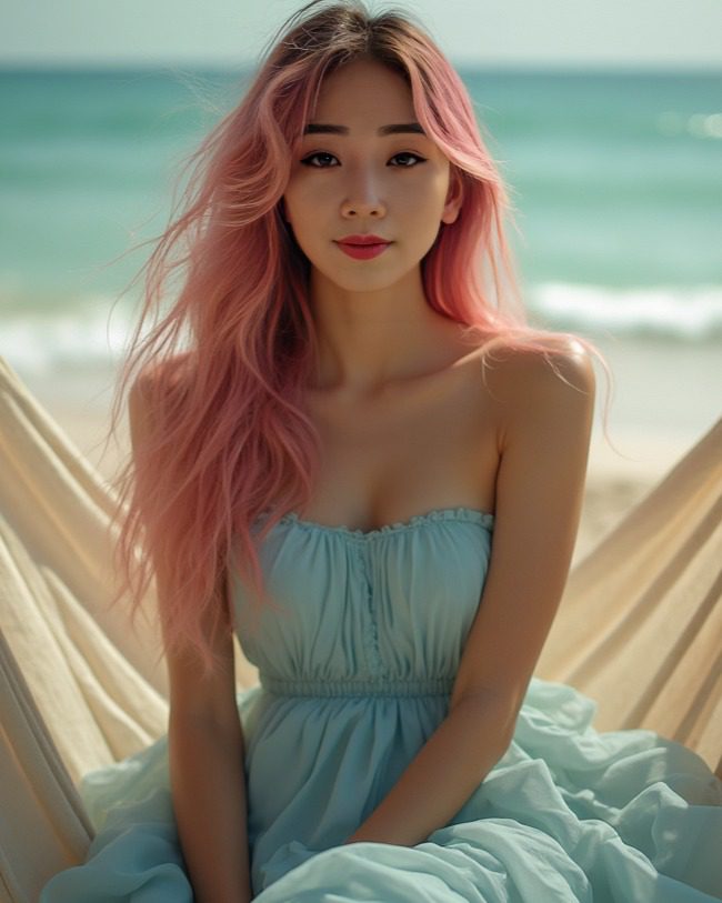 Young vinfluencer Suji Boo with pink hair in blue dress, peacefully relaxing at a tranquil beach.