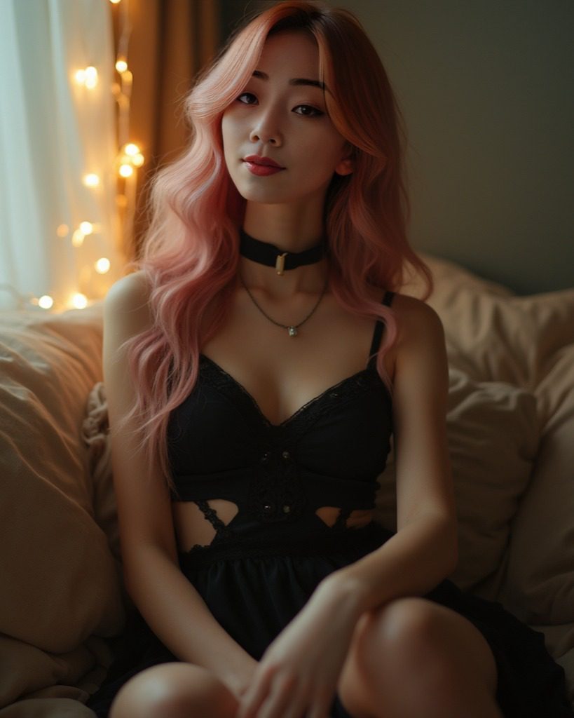 Virtual influencer Suji Boo exudes elegance in a black dress, pastel pink hair, on a serene, softly lit bed.