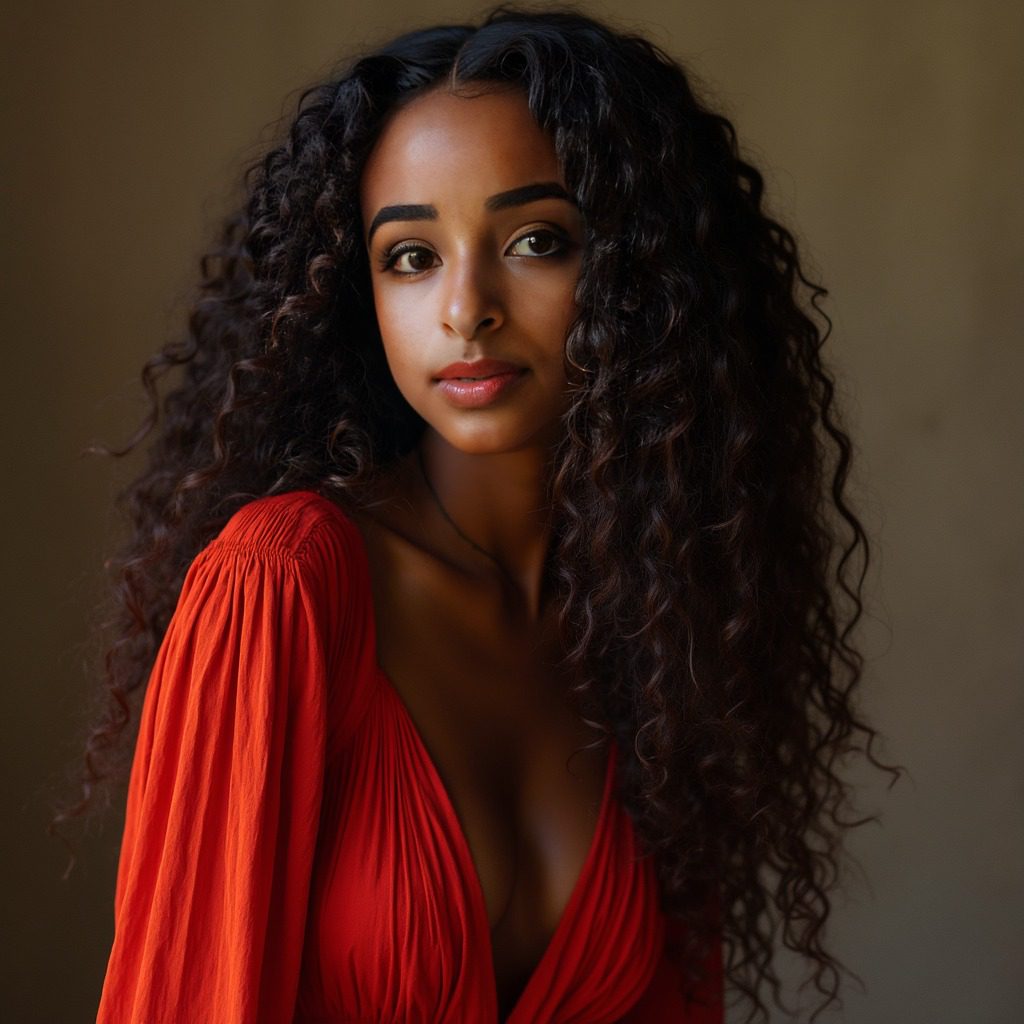 Virtual influencer Zuri Ames with vibrant curly hair and a red top, exuding elegance and confidence.