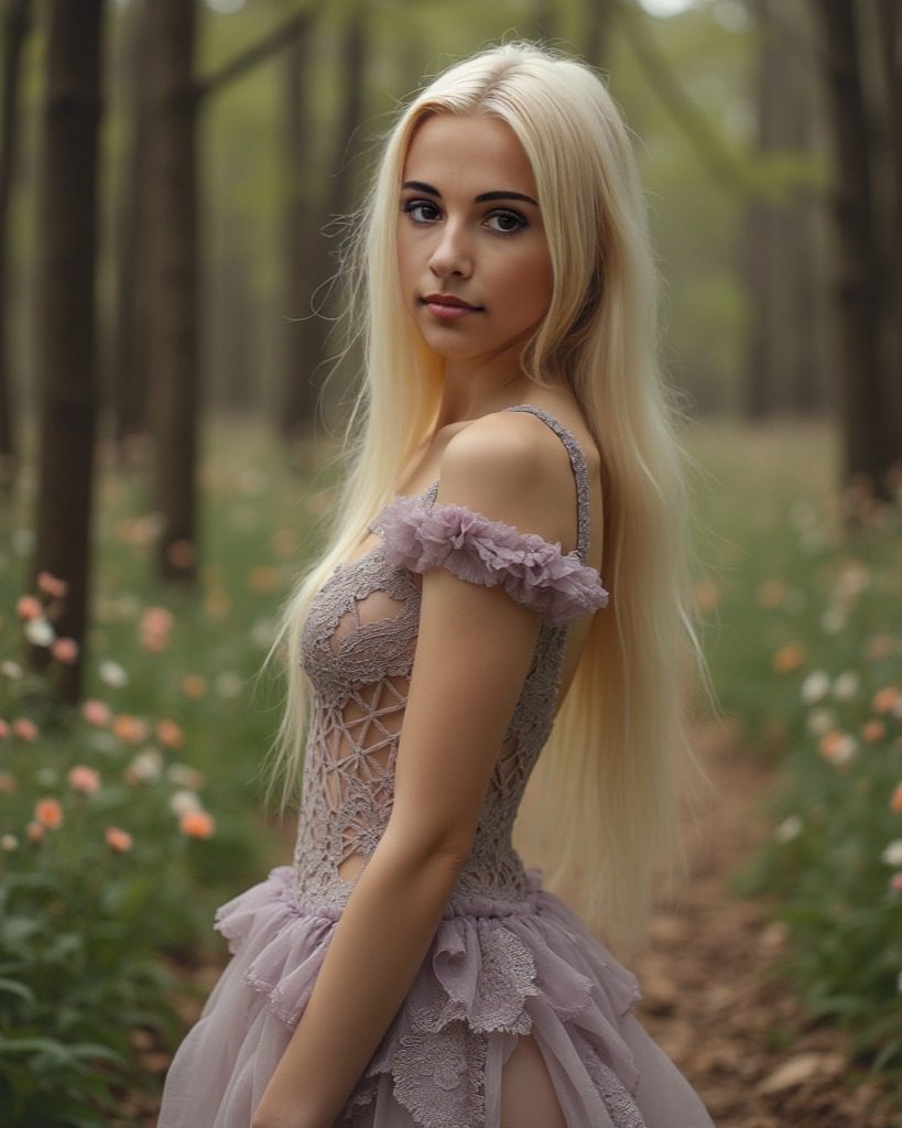 Vinfluencer Jessie Bee in lavender gown in tranquil, sunlit forest, exuding fairy-tale elegance.