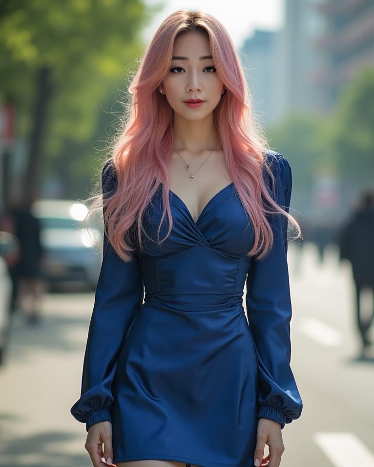 Vinfluencer Suji Boo in a blue V-neck dress and pink hair walks confidently down a city street.