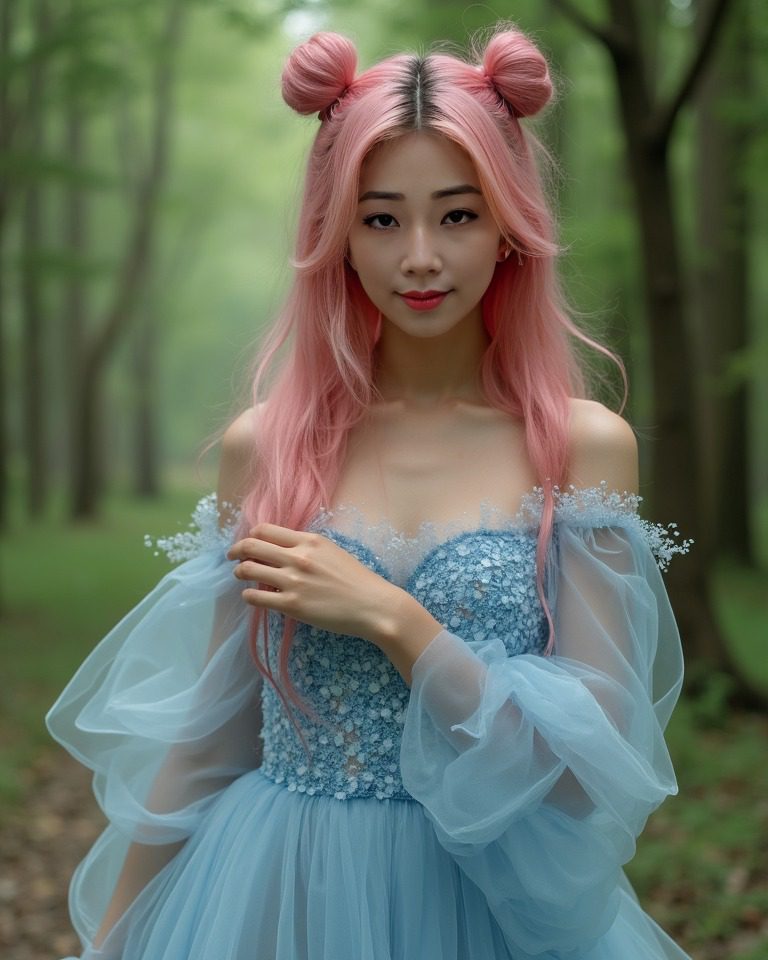 Pink-haired virtual influencer Suji Boo in blue gown stands amidst serene, lush forest, exuding fairy-tale charm.