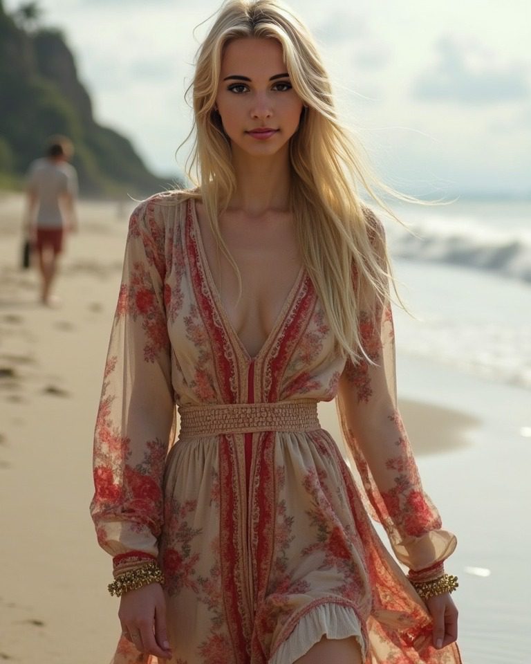 Vinfluencer Jessie Bee in floral dress embraces serenity on tranquil beach with ocean and lush greenery.