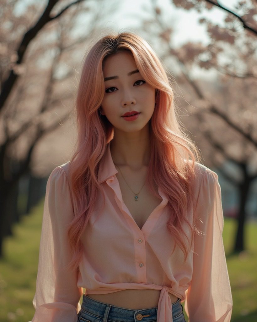 Vinfluencer Suji Boo amidst cherry blossoms, her pink hair and pastel blouse radiate spring elegance.