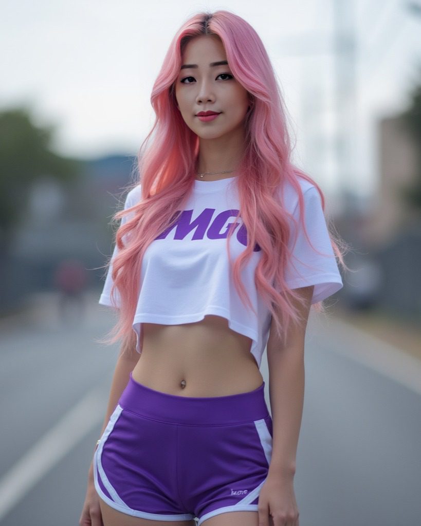 Pink-haired virtual influencer Suji Boo in OMG crop top and purple shorts on a sunlit path.