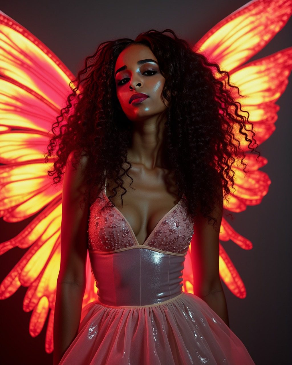 Virtual influencer Zuri Ames, glowing butterfly wings, elegant sequined dress, vibrant fantasy scene.