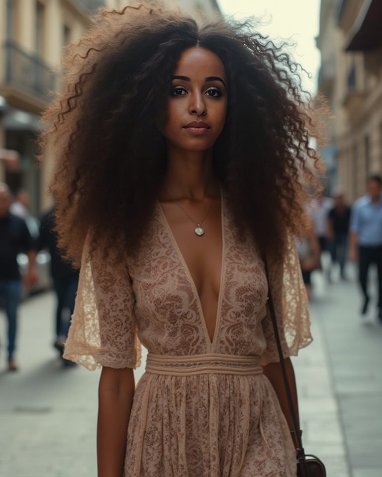 Virtual influencer Zuri Ames radiates elegance in lace dress on sunlit, bustling, historic street.