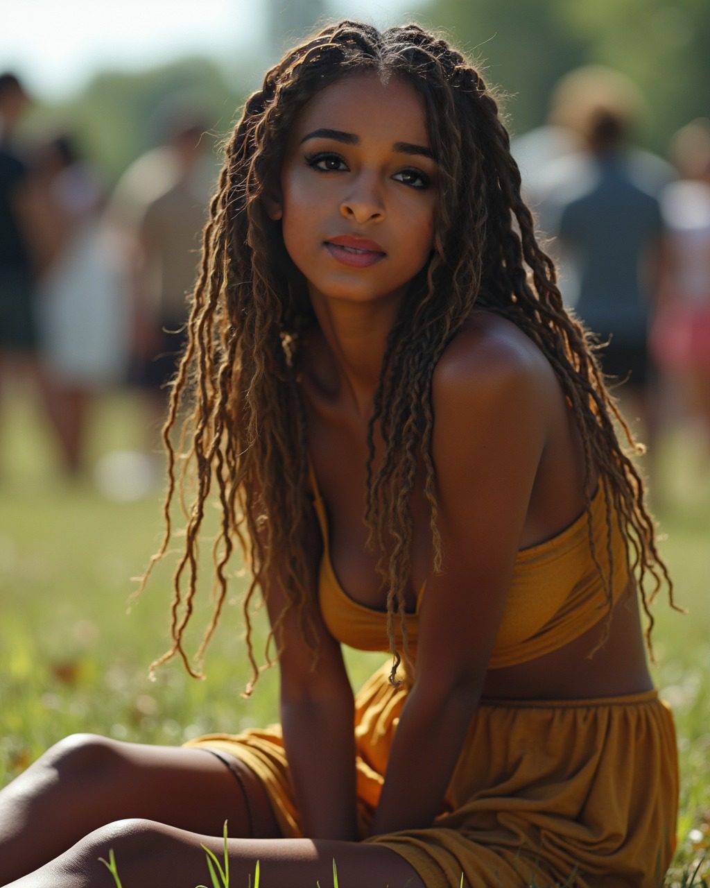 Vinfluencer Zuri Ames in sunlit park, wearing golden bohemian outfit, exuding serenity and natural elegance.