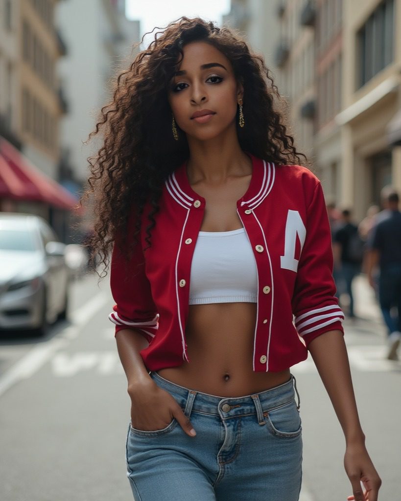 Vinfluencer Zuri Ames in red varsity jacket and jeans, confidently walking down a lively city street.