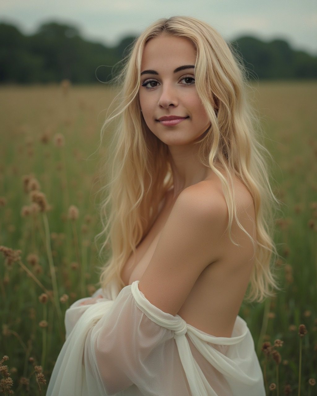 Virtual influencer Jessie Bee in serene field, exuding natural elegance and tranquility, surrounded by wild grasses.