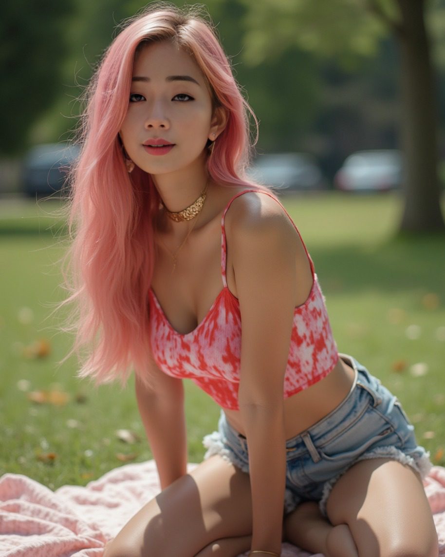 Suji Boo, pink-haired virtual influencer, in a tie-dye top, relaxing in a park.