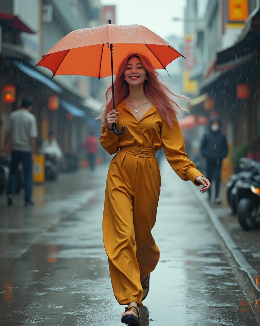 Vinfluencer Suji Boo joyfully strolls with an orange umbrella on a rainy, vibrant city street.