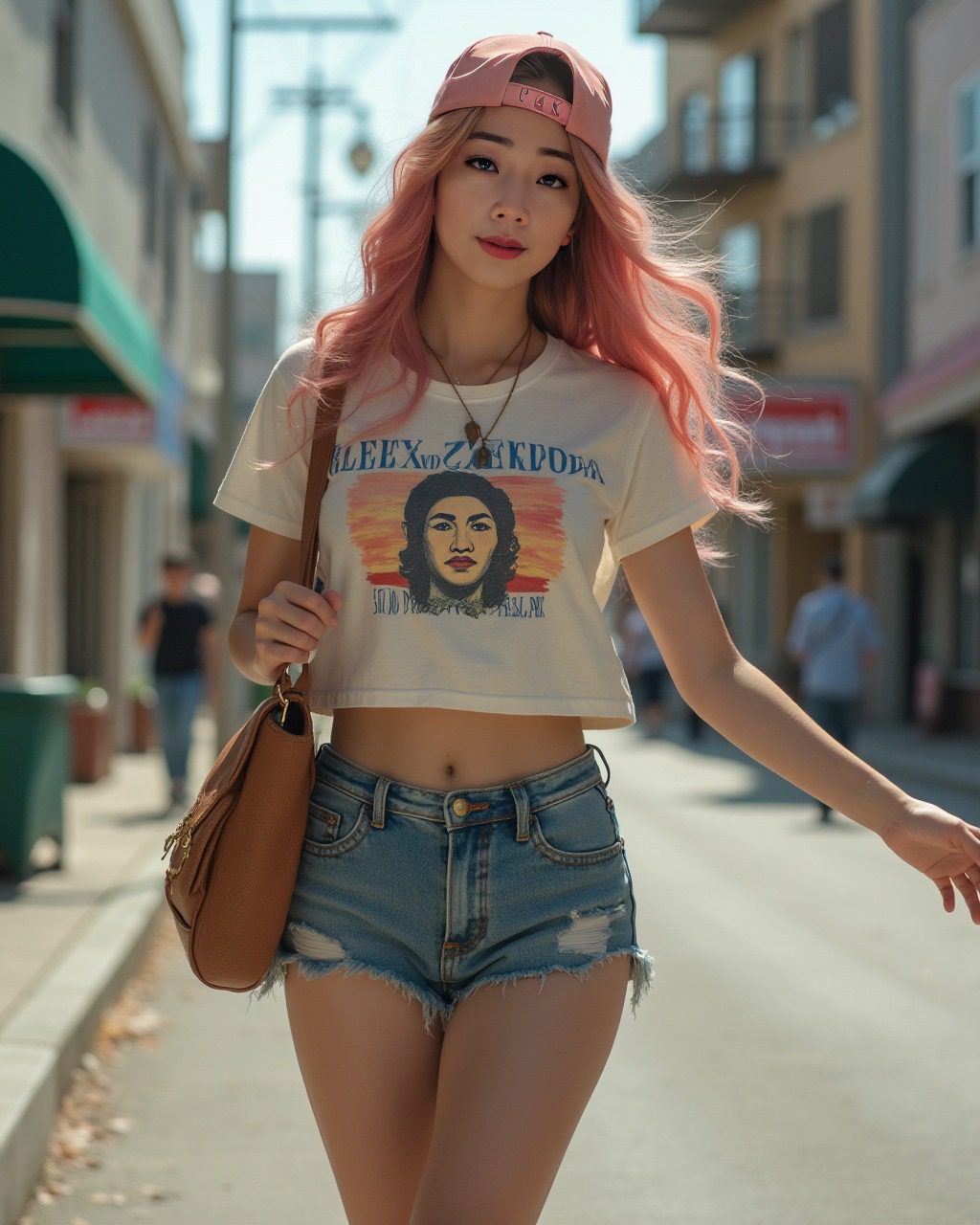 Virtual influencer Suji Boo with pink hair walks in stylish urban street fashion, sunlit vibes around her.