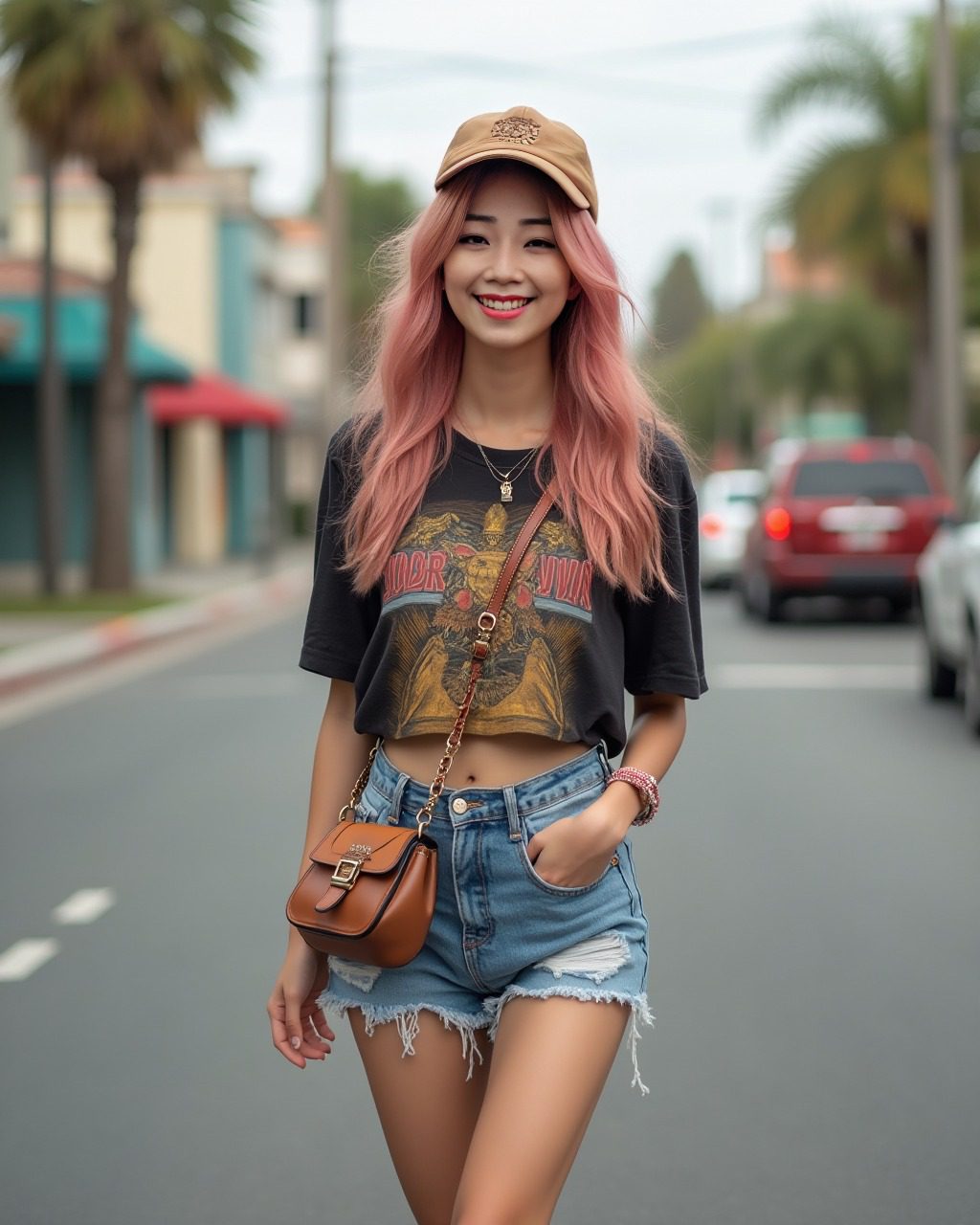 Pink-haired vinfluencer Suji Boo strolling in vintage style, enjoying a sunny urban day.
