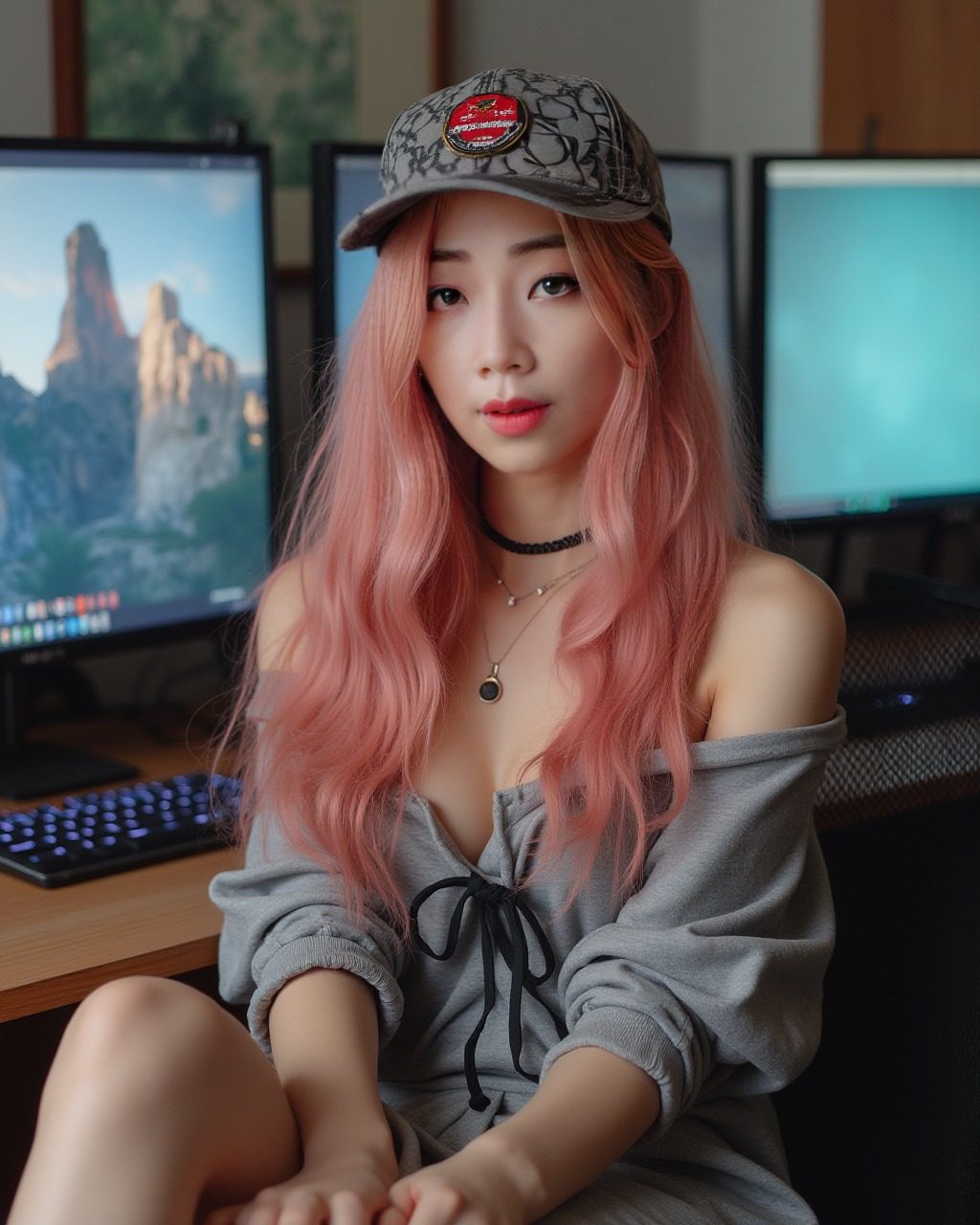 Pink-haired virtual influencer Suji Boo in stylish, tech-centric setup with dual monitors and cozy vibe.