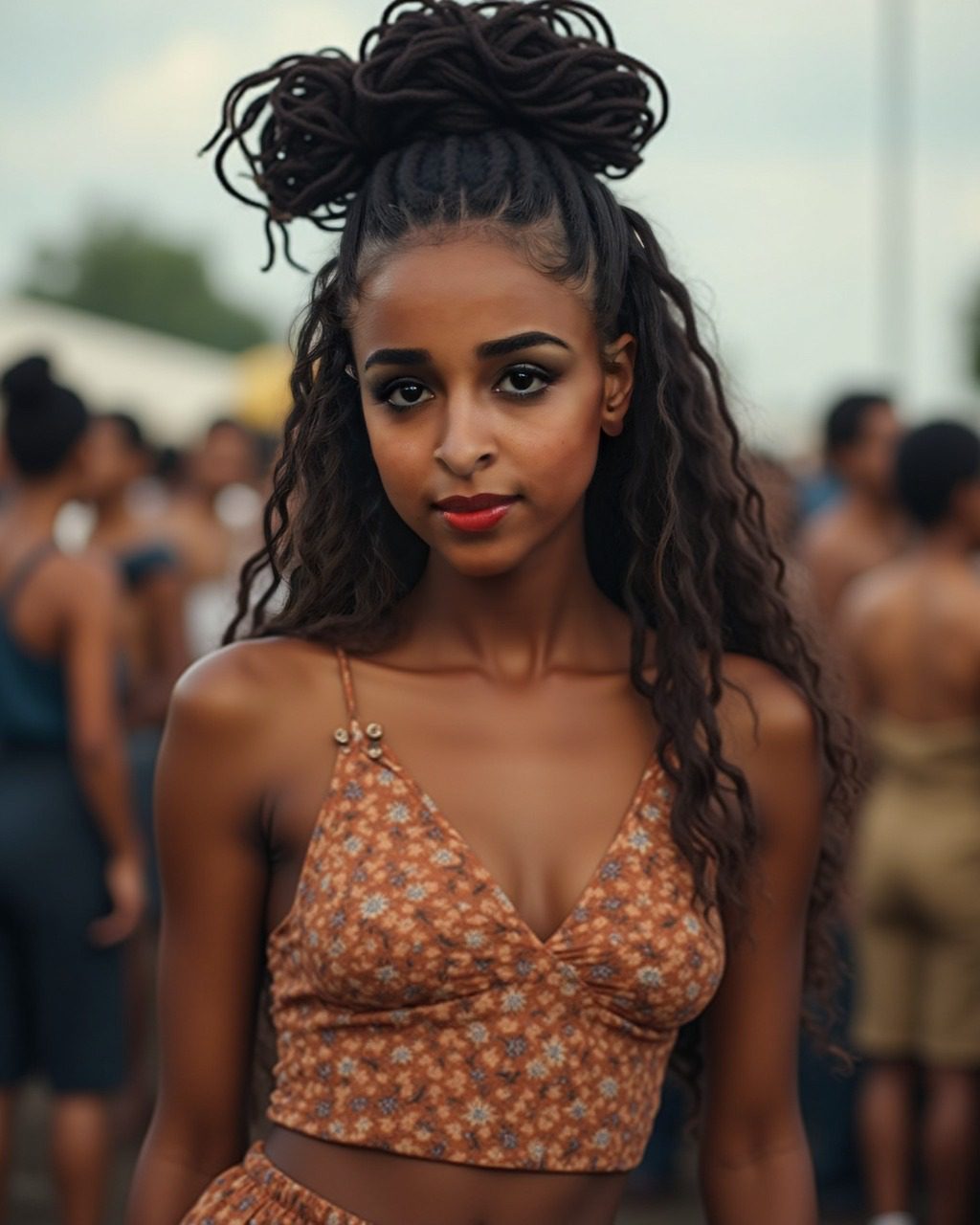 Vinfluencer Zuri Ames in floral crop top with braided bun at vibrant outdoor festival.