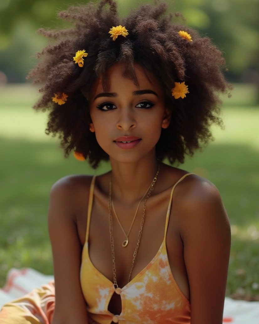 Vinfluencer Zuri Ames in garden, afro with flowers, tie-dye dress, gold jewelry, serene smile.