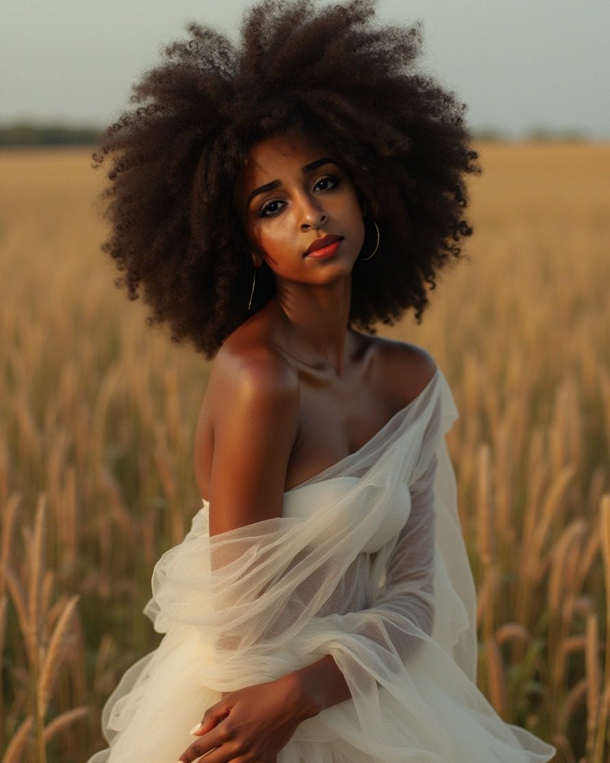 Virtual influencer Zuri Ames elegantly poses in a golden wheat field under a tranquil blue sky.