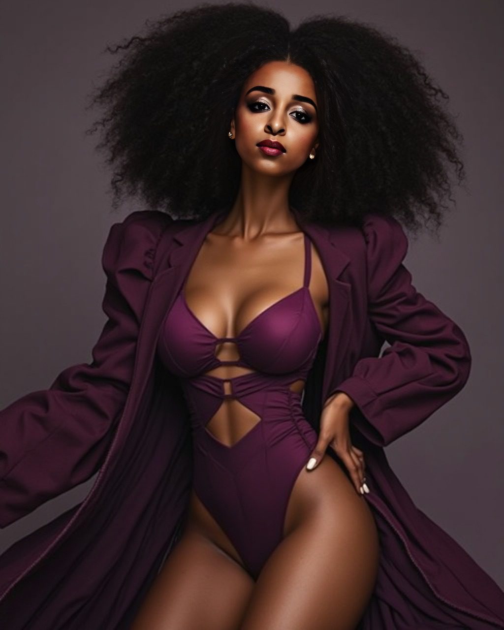 Vinfluencer Zuri Ames in a plum bodysuit and coat, exuding modern elegance and confidence.