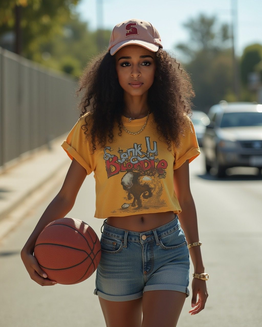 Vinfluencer Zuri Ames in Scooby Doo crop top, denim shorts, holding basketball, sunny suburban street.