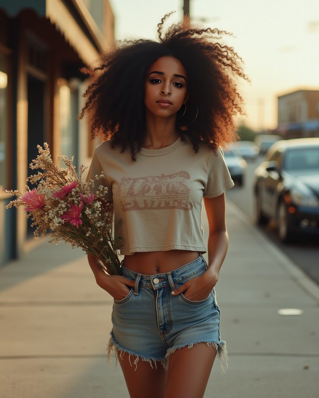Young vinfluencer Zuri Ames with curly hair, crop top, holds wildflowers on a sunlit city sidewalk.