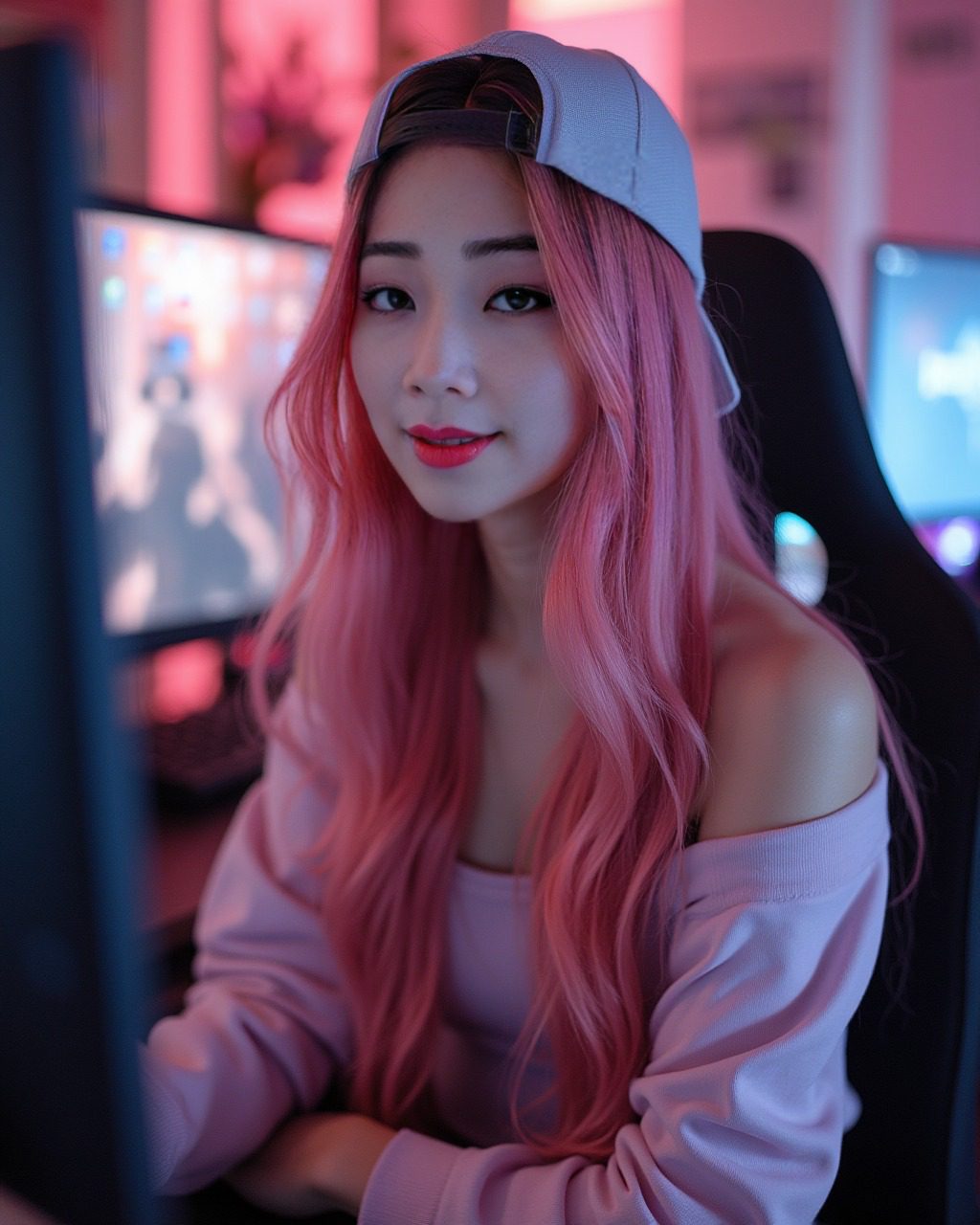 Pink-haired virtual influencer Suji Boo streaming in pastel-lit room with modern PC setup and RGB lighting.