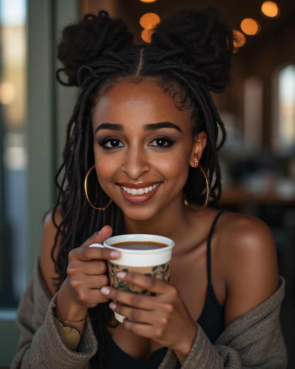 Smiling woman with dreadlock buns and gold hoops enjoying coffee in a cozy café.