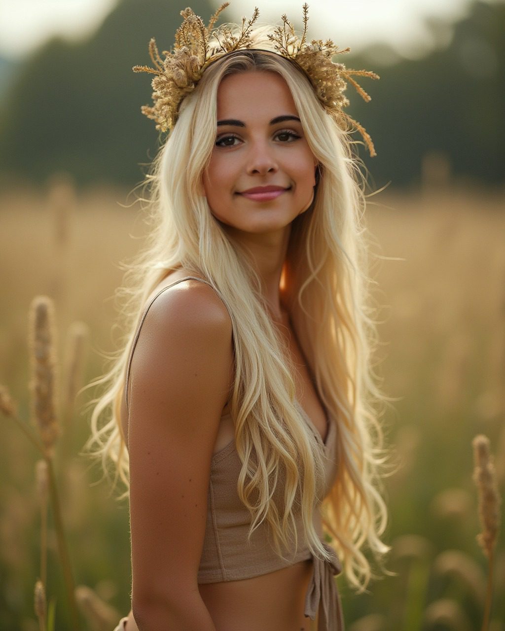 Blonde woman wearing wheat crown standing in sunlit field, golden grass glowing in sunset light.