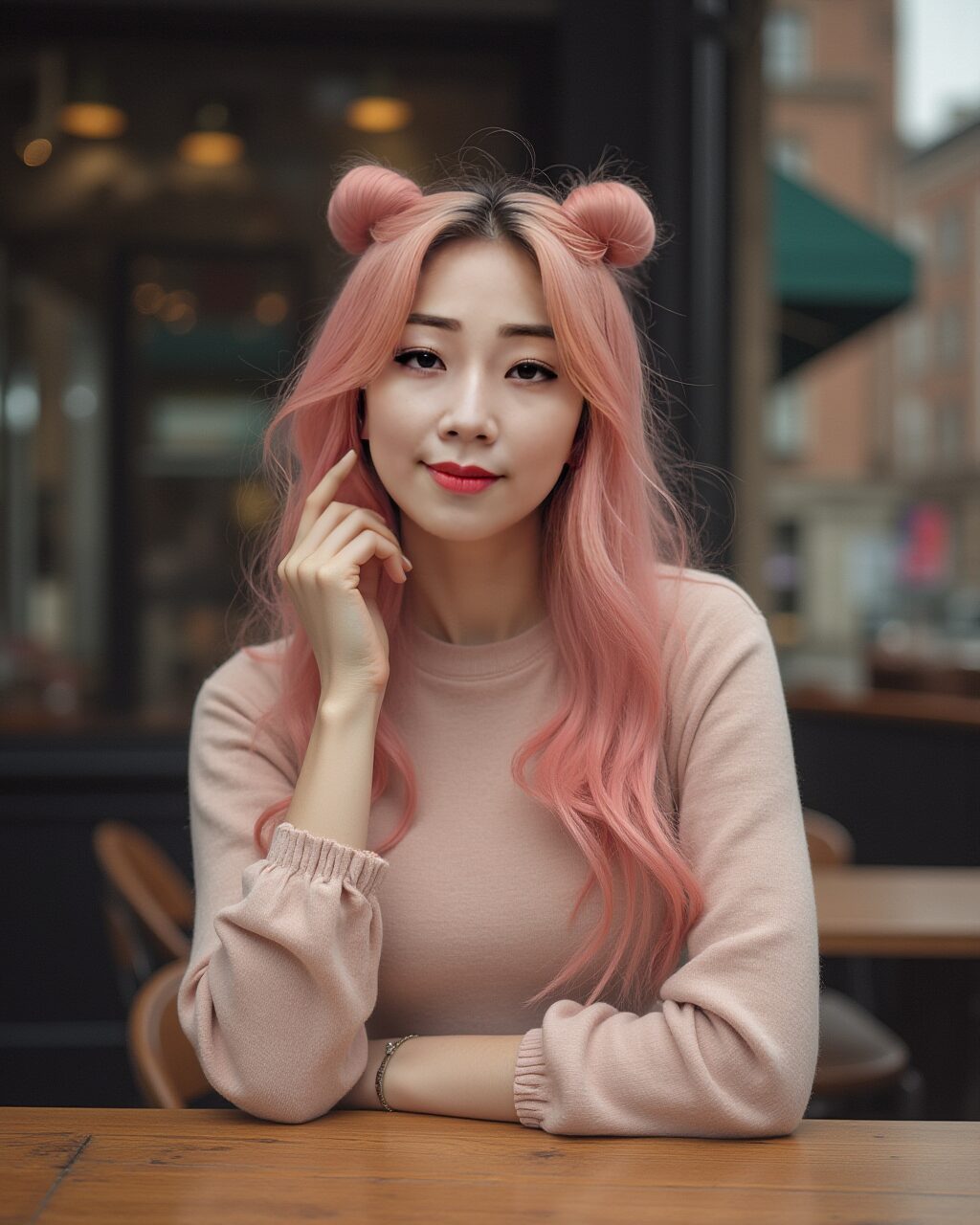 Young virtual influencer Suji Boo with pastel pink hair and buns sits confidently at an outdoor café table.