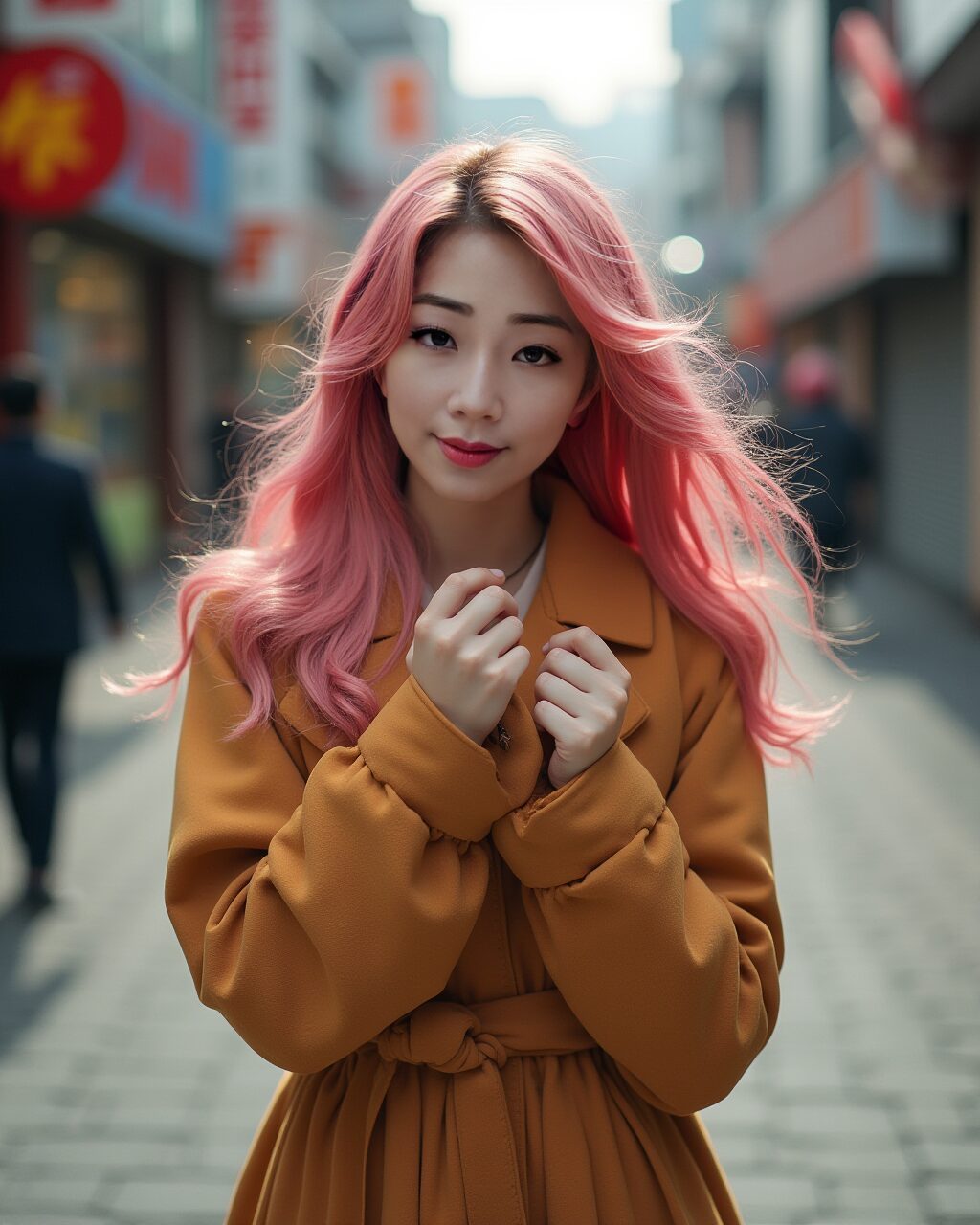 Vinfluencer Suji Boo with pink hair wearing a camel trench coat on a vibrant East Asian city street.